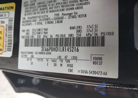 2020 Ford Fusion Se z USA, uszkodzony, nr VIN 3FA6P0HD1LR145216